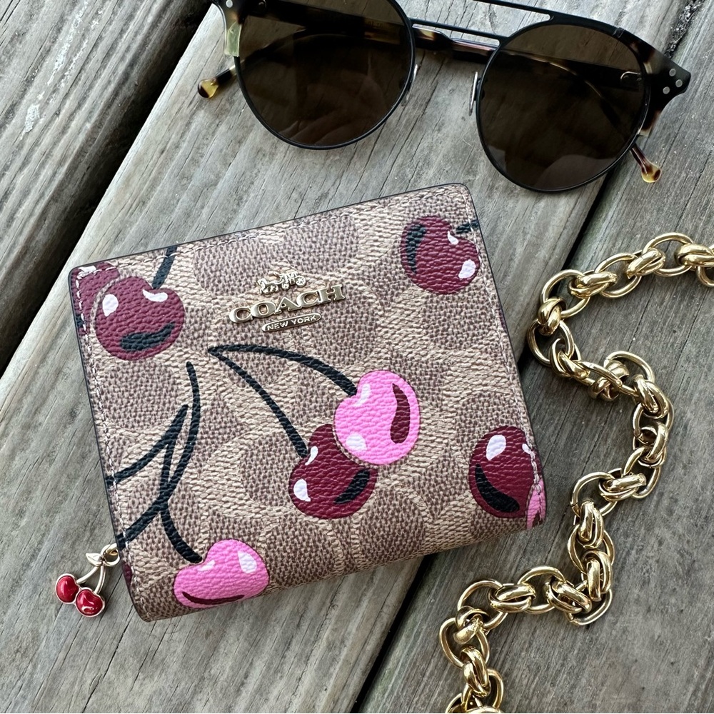 Coach Snap Wallet In Signature Canvas With Cherry Print In Tan Multi Zip Fold